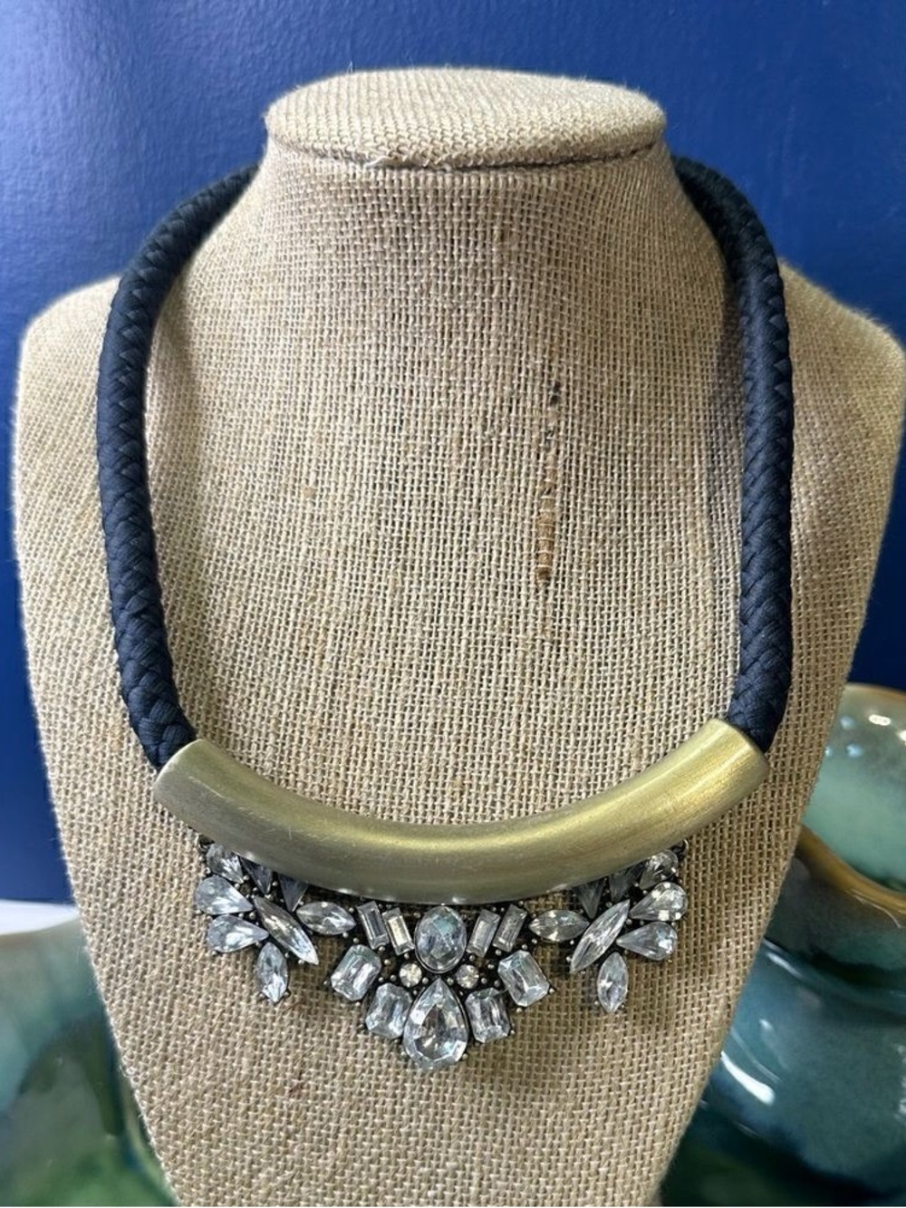 LOFT Black Braided Rope Necklace with Gold-Tone Bar and Clear Crystal Cluster
